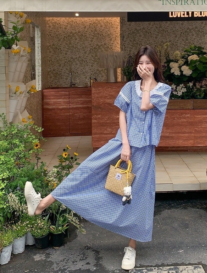 French Style Plaid Skirt And Top Set