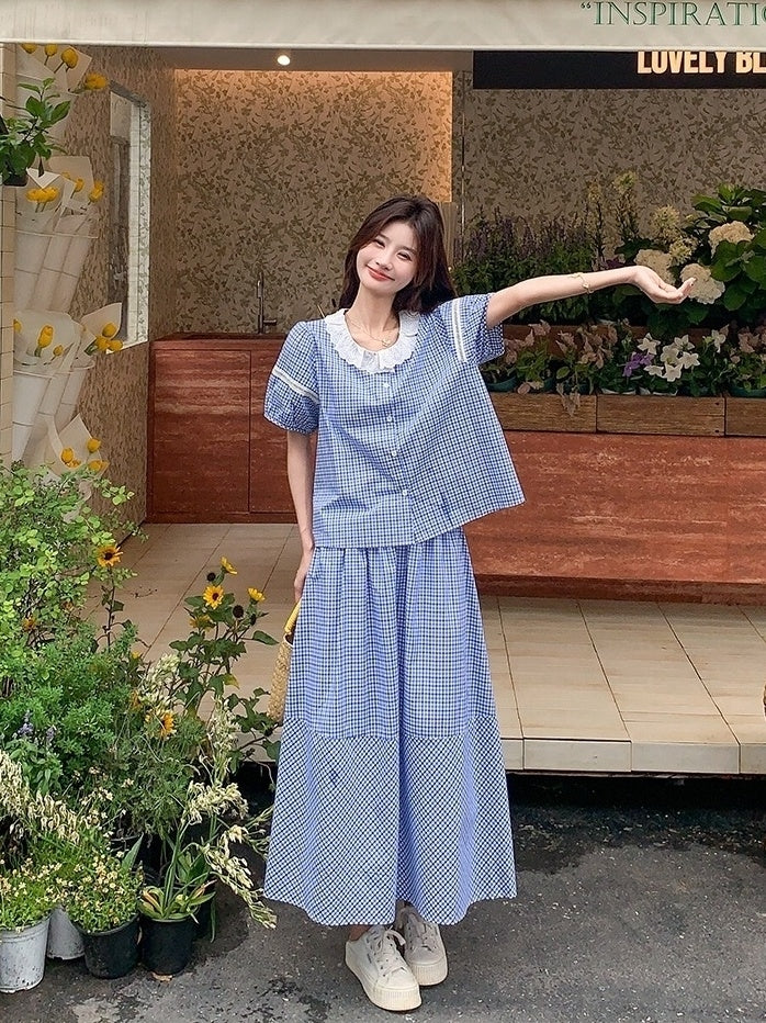 French Style Plaid Skirt And Top Set
