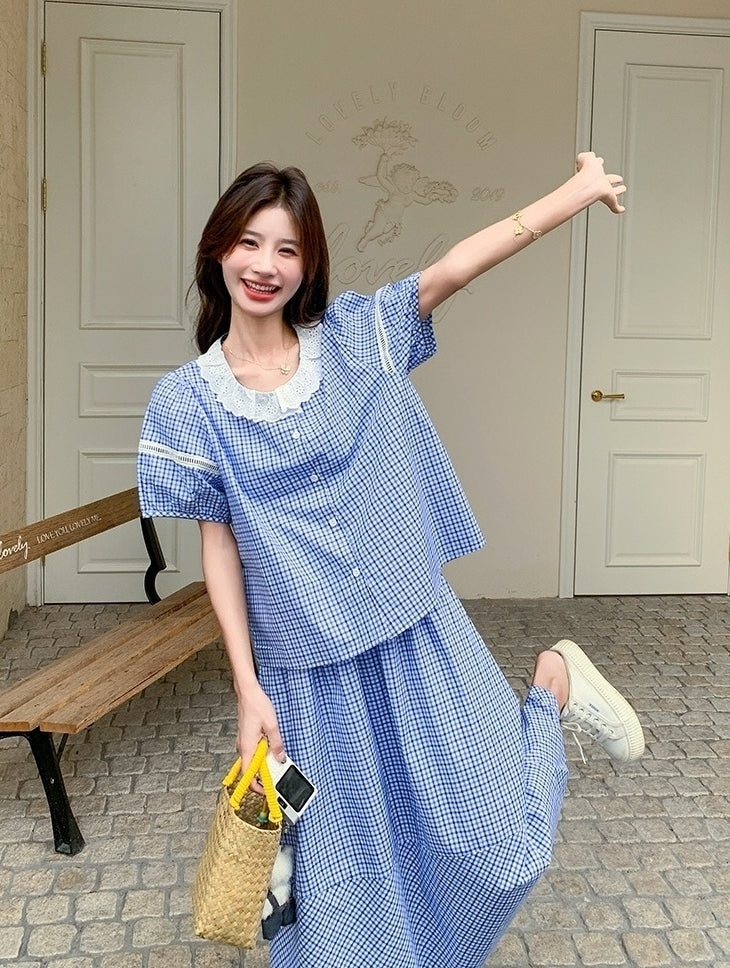 French Style Plaid Skirt And Top Set