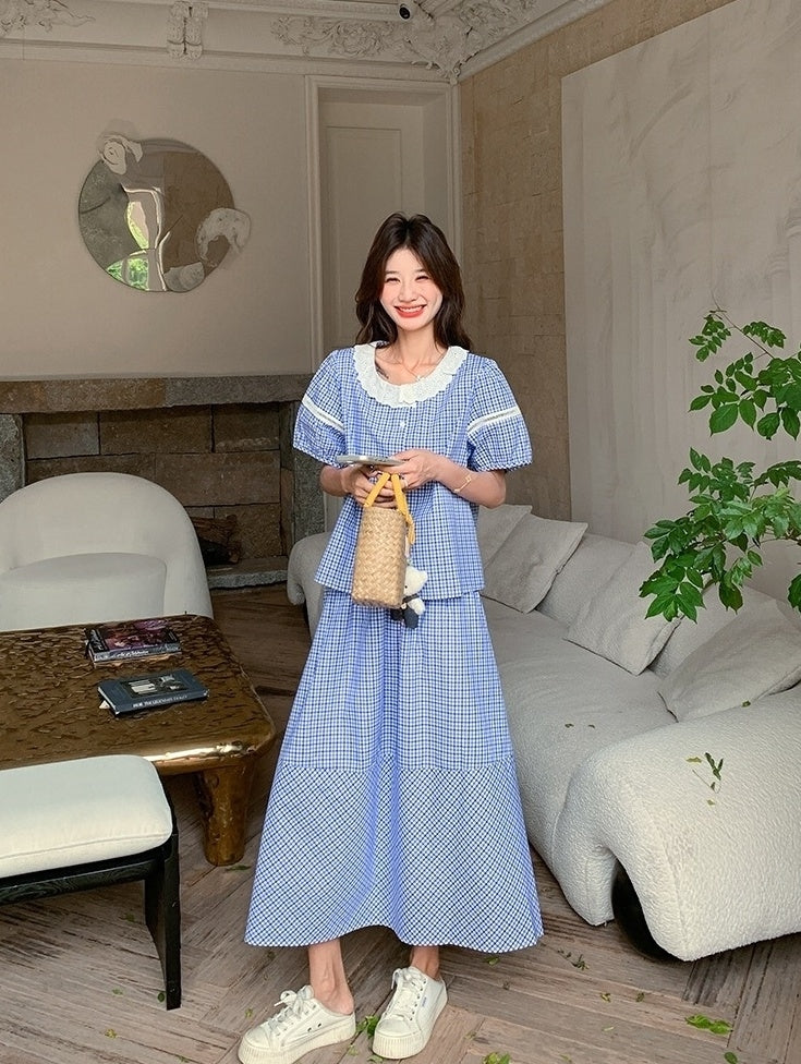 French Style Plaid Skirt And Top Set