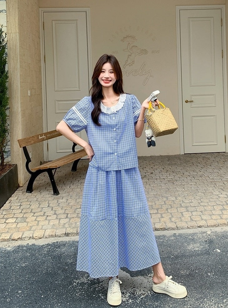 French Style Plaid Skirt And Top Set