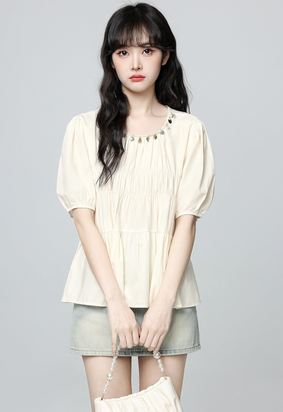 French Style Puff Sleeve Ruched Short Sleeve Blouse