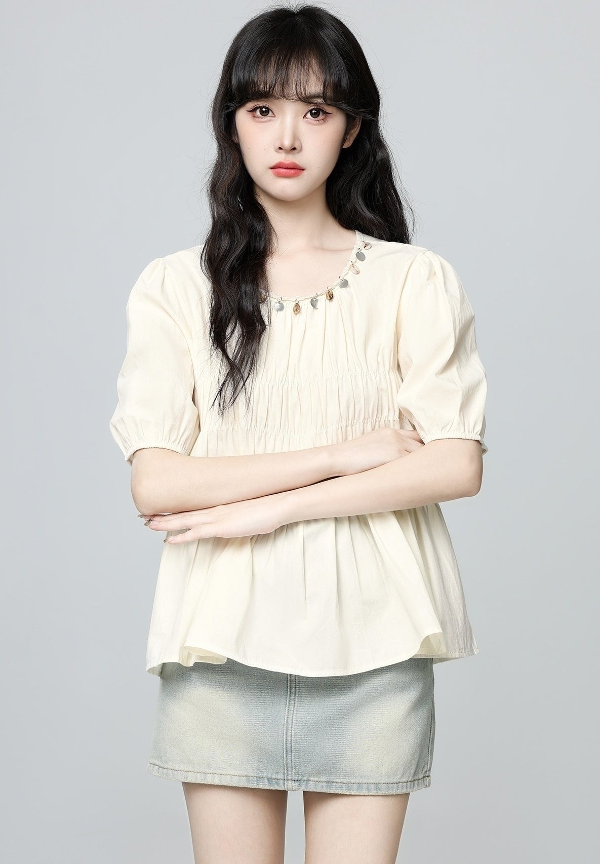 French Style Puff Sleeve Ruched Short Sleeve Blouse