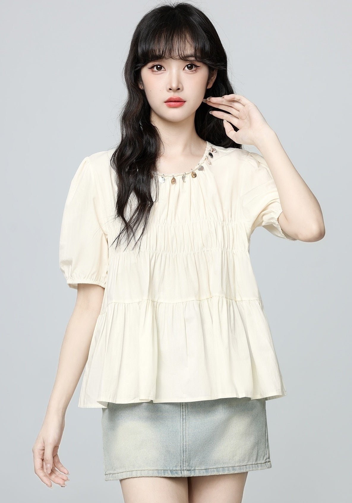 French Style Puff Sleeve Ruched Short Sleeve Blouse
