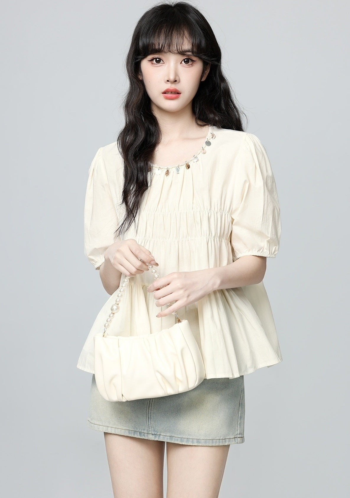 French Style Puff Sleeve Ruched Short Sleeve Blouse