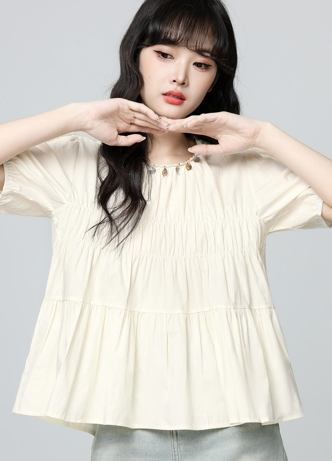 French Style Puff Sleeve Ruched Short Sleeve Blouse