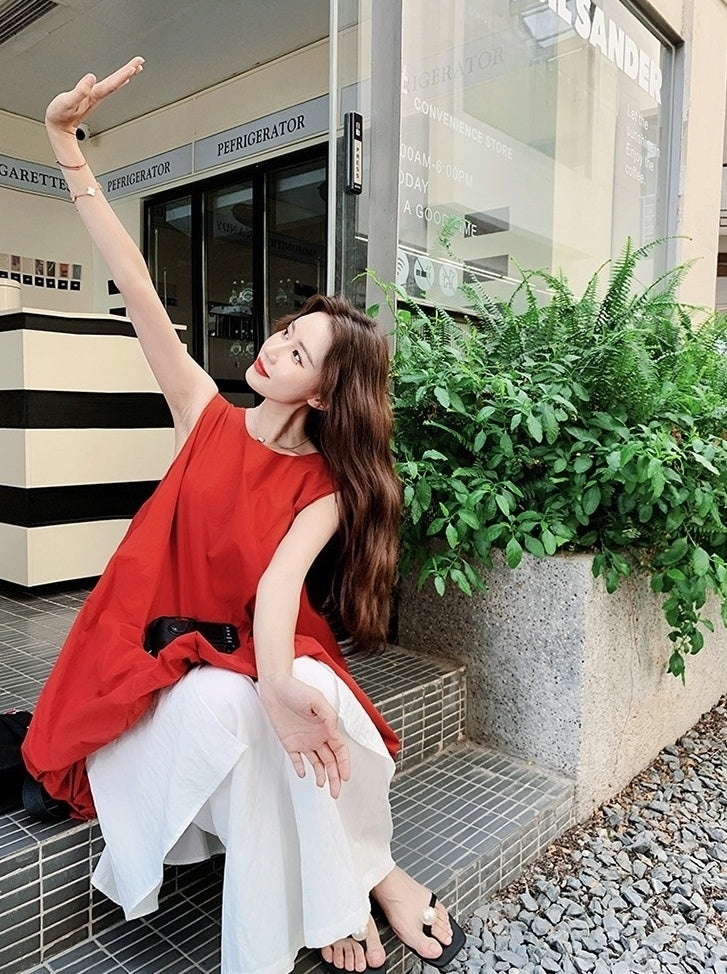 French Style Red Floral Dress And Wide Leg Pants Set