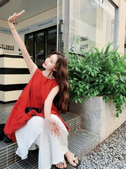French Style Red Floral Dress And Wide Leg Pants Set