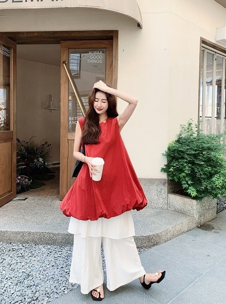 French Style Red Floral Dress And Wide Leg Pants Set