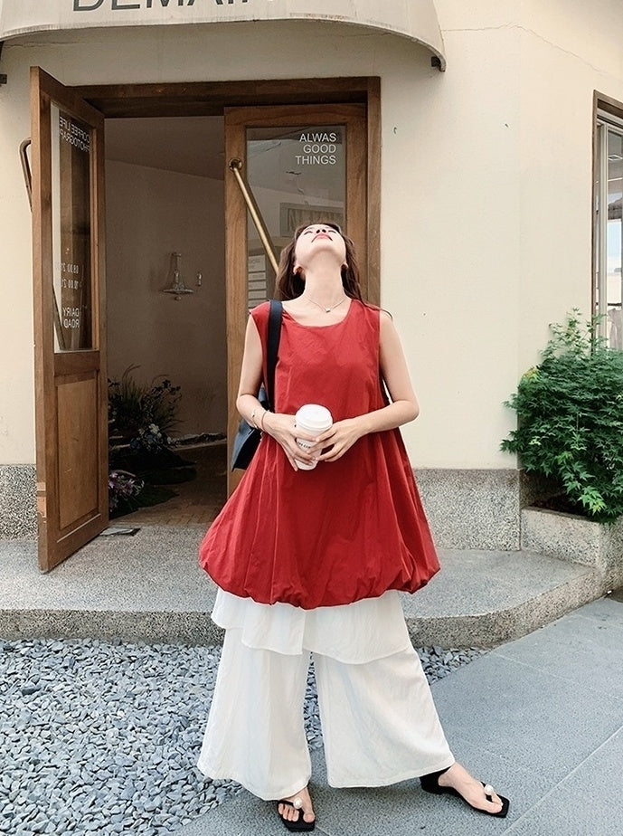 French Style Red Floral Dress And Wide Leg Pants Set