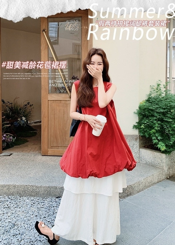 French Style Red Floral Dress And Wide Leg Pants Set