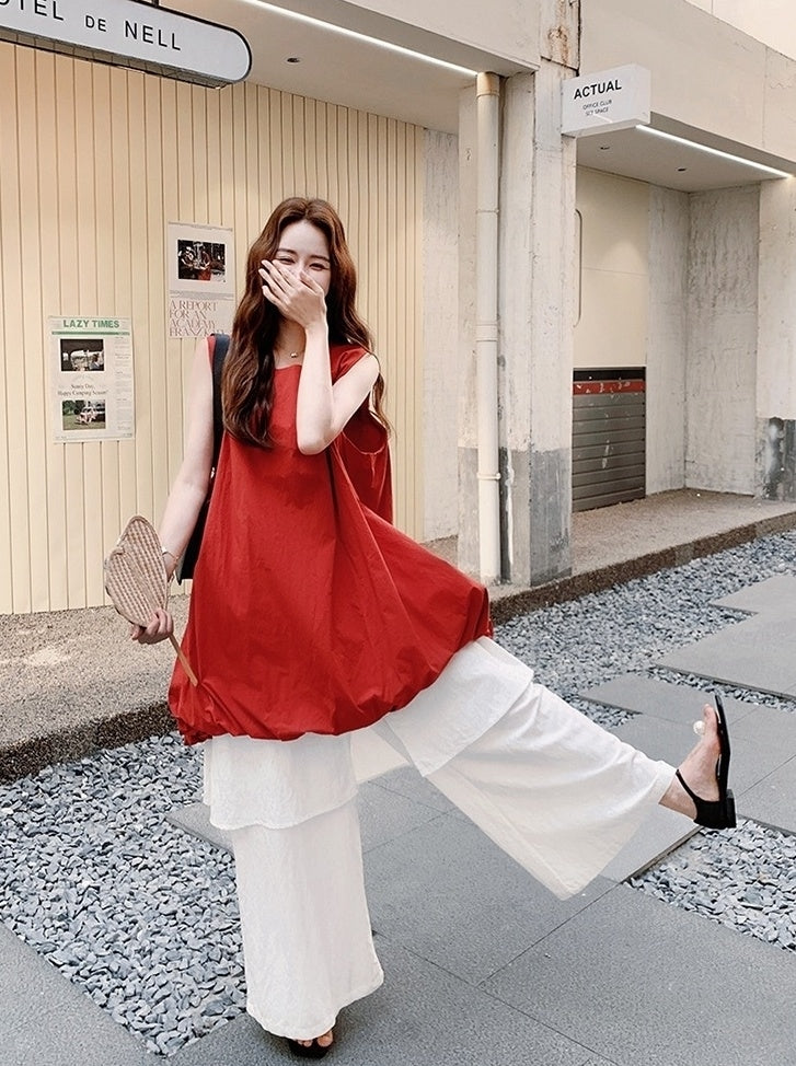 French Style Red Floral Dress And Wide Leg Pants Set
