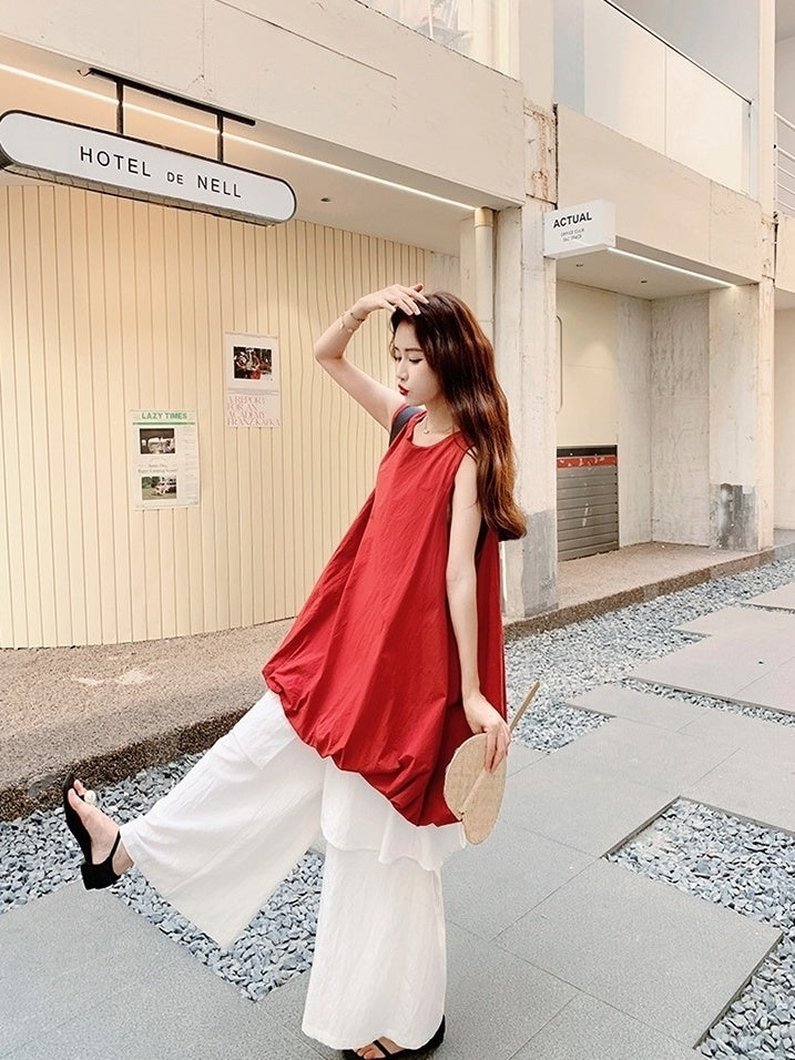 French Style Red Floral Dress And Wide Leg Pants Set