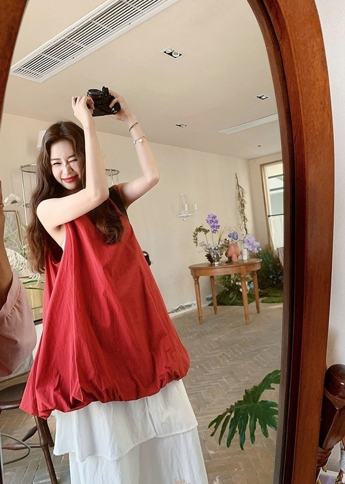 French Style Red Floral Dress And Wide Leg Pants Set