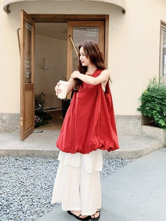 French Style Red Floral Dress And Wide Leg Pants Set