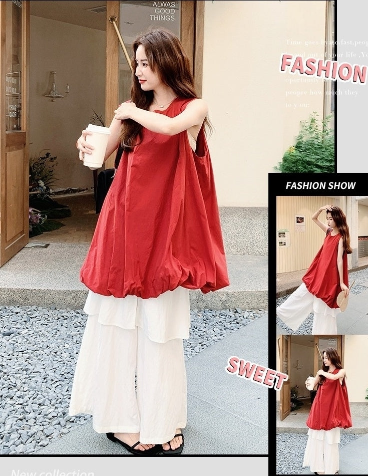 French Style Red Floral Dress And Wide Leg Pants Set