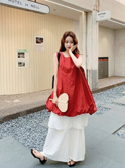 French Style Red Floral Dress And Wide Leg Pants Set