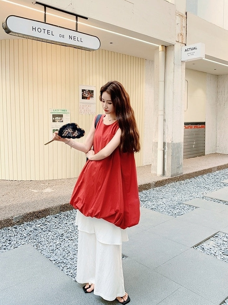 French Style Red Floral Dress And Wide Leg Pants Set