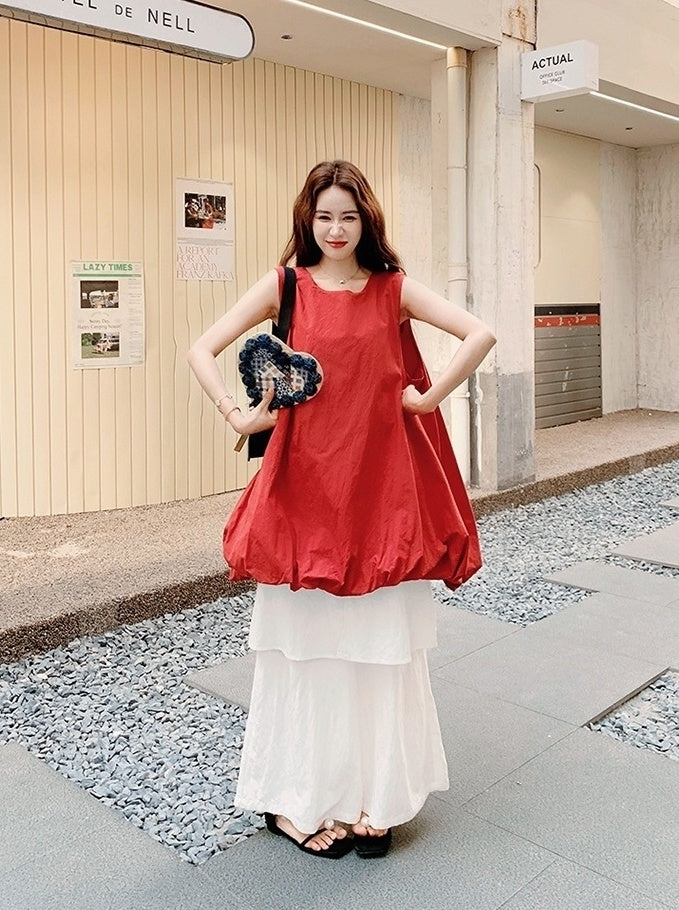 French Style Red Floral Dress And Wide Leg Pants Set