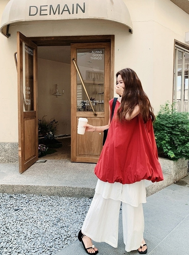 French Style Red Floral Dress And Wide Leg Pants Set