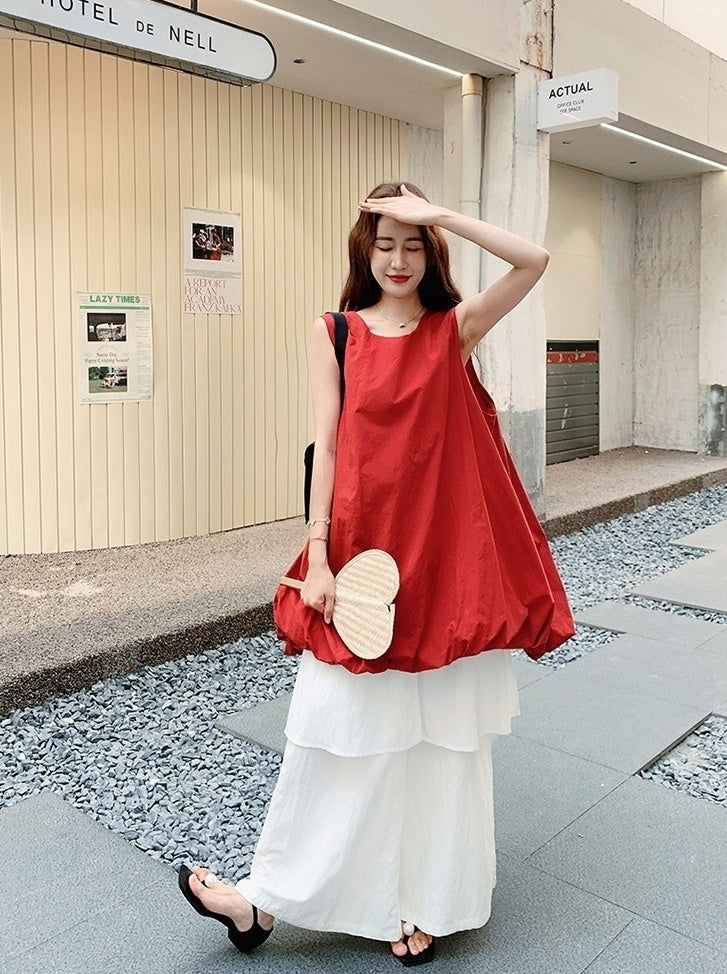 French Style Red Floral Dress And Wide Leg Pants Set