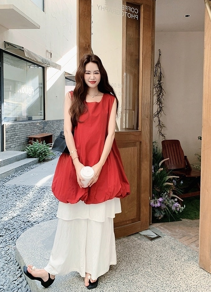 French Style Red Floral Dress And Wide Leg Pants Set