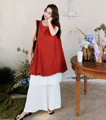 French Style Red Floral Dress And Wide Leg Pants Set