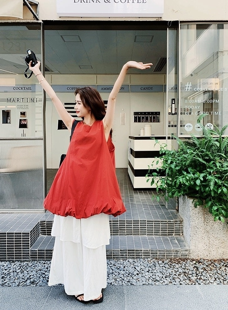 French Style Red Floral Dress And Wide Leg Pants Set