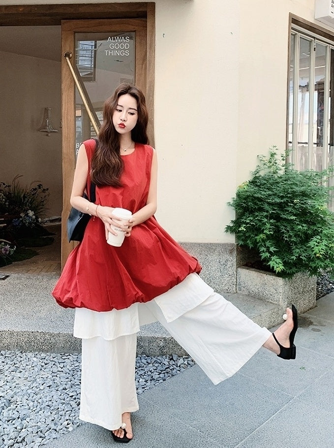 French Style Red Floral Dress And Wide Leg Pants Set