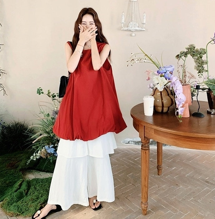 French Style Red Floral Dress And Wide Leg Pants Set