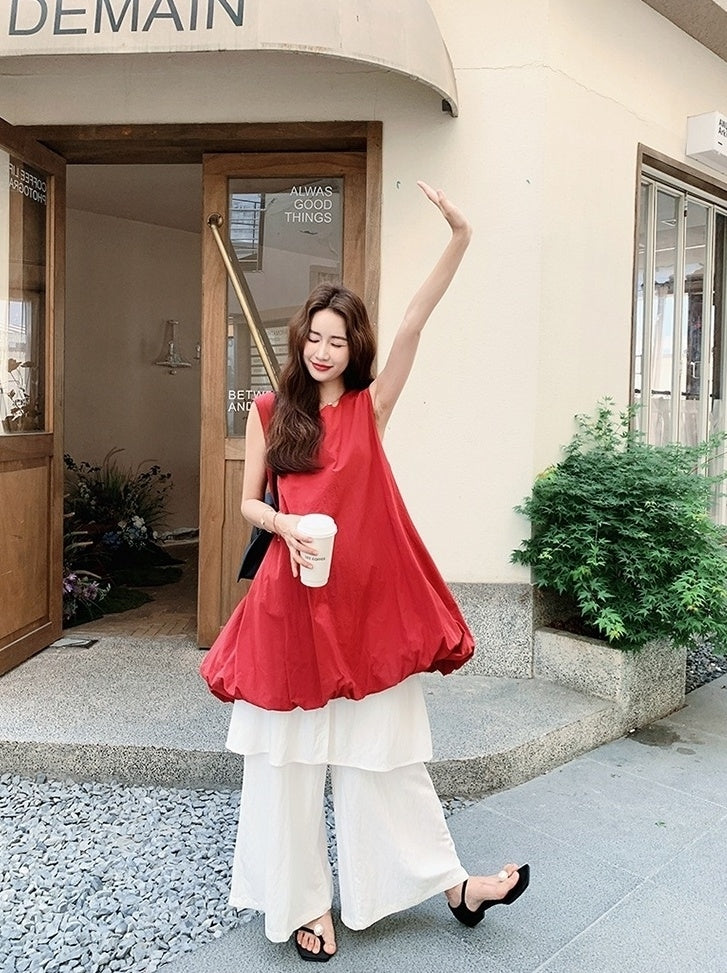 French Style Red Floral Dress And Wide Leg Pants Set