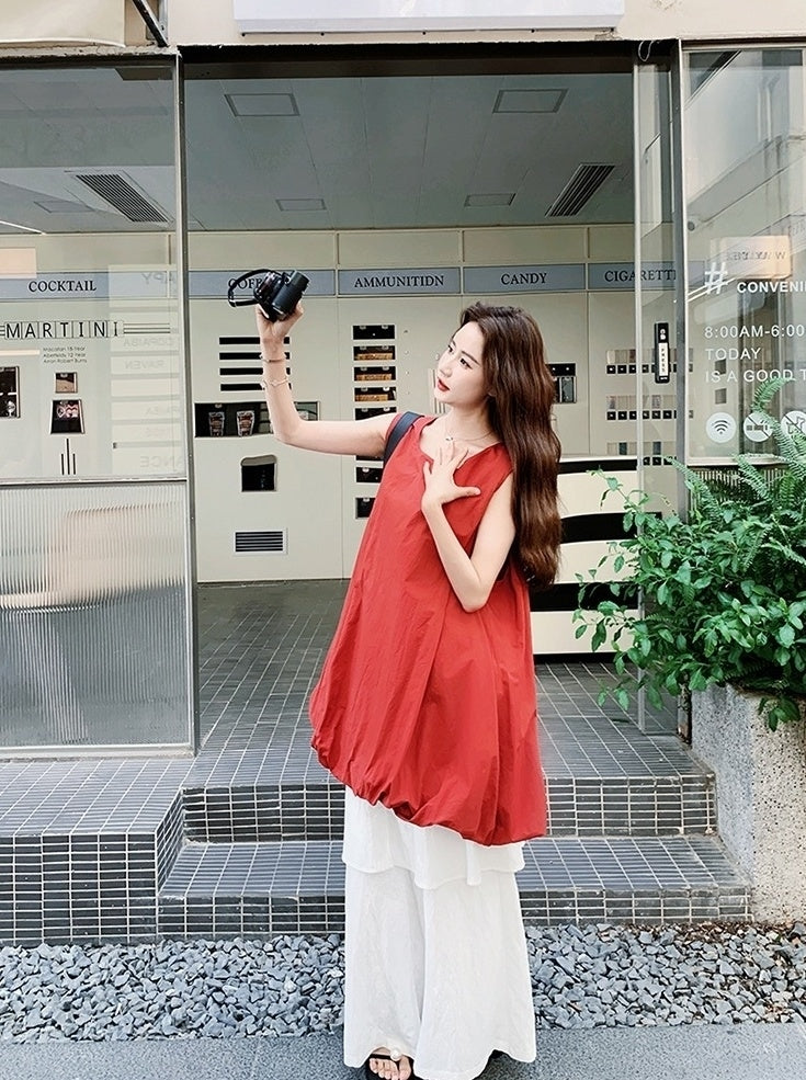 French Style Red Floral Dress And Wide Leg Pants Set