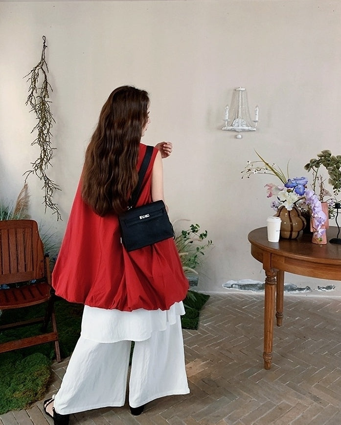 French Style Red Floral Dress And Wide Leg Pants Set