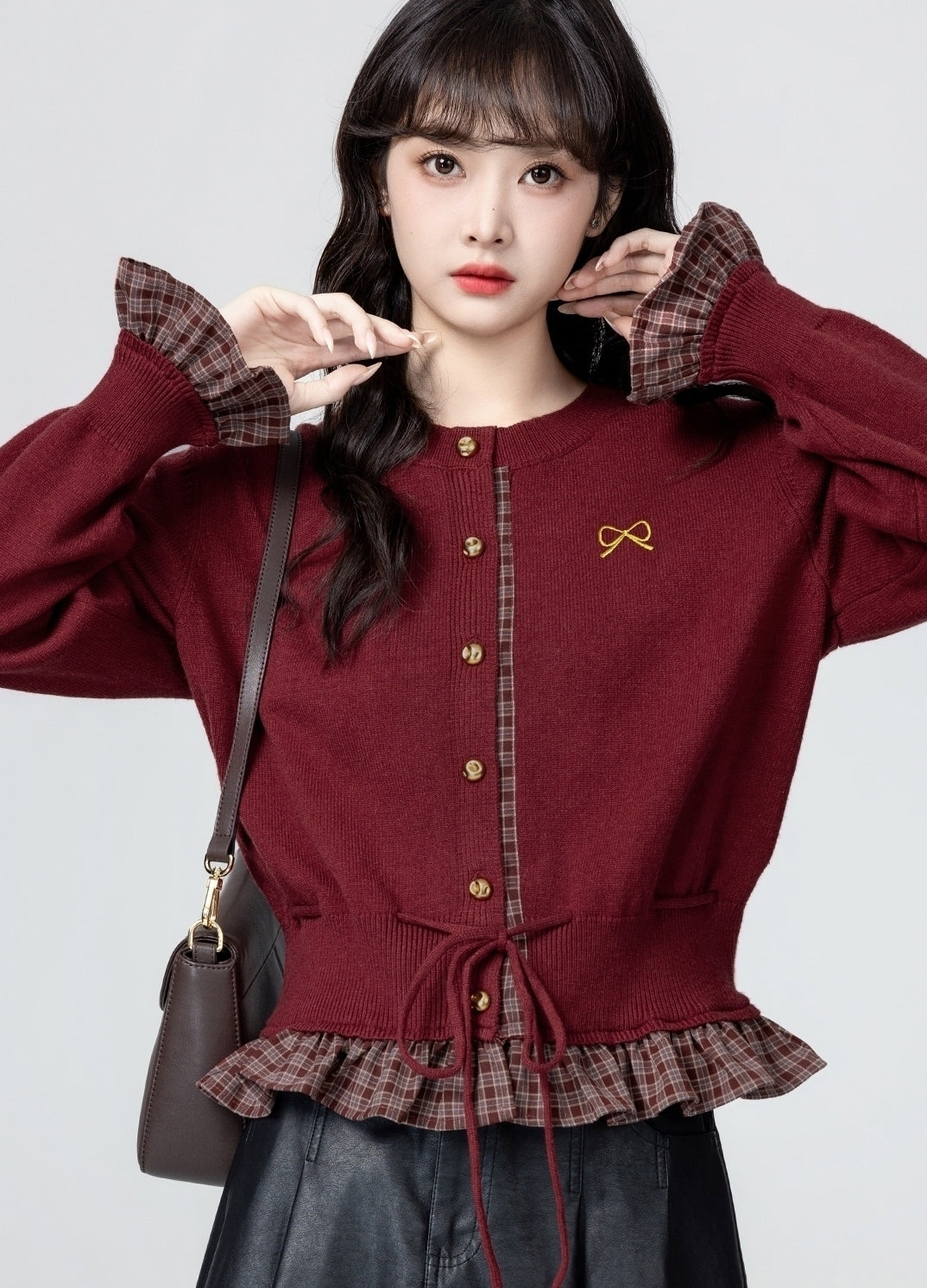 French Style Red Knit Tie Waist Cardigan Sweater