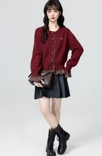 French Style Red Knit Tie Waist Cardigan Sweater