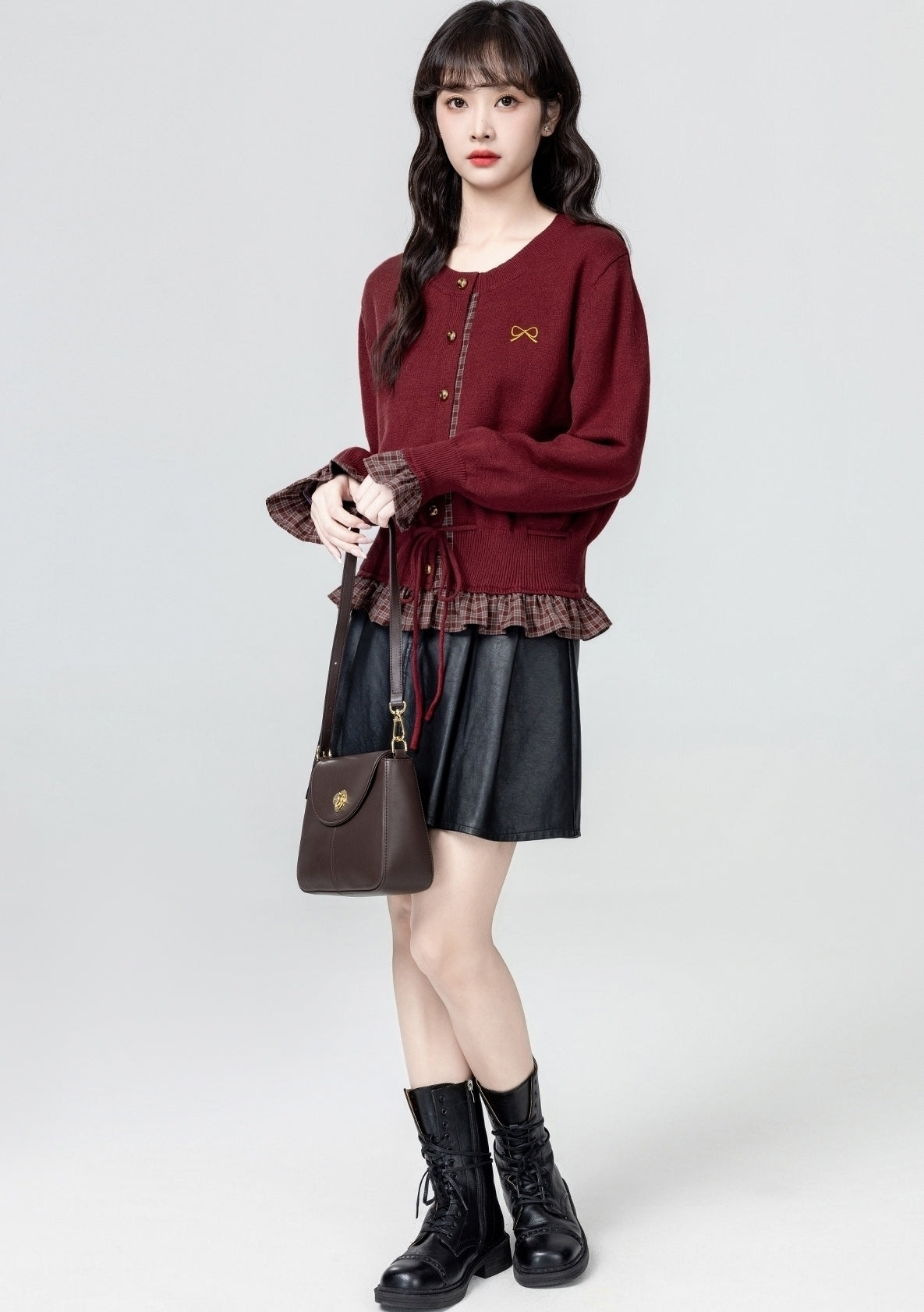 French Style Red Knit Tie Waist Cardigan Sweater