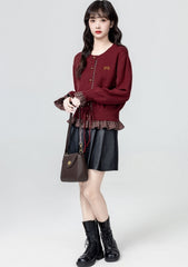 French Style Red Knit Tie Waist Cardigan Sweater