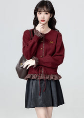 French Style Red Knit Tie Waist Cardigan Sweater