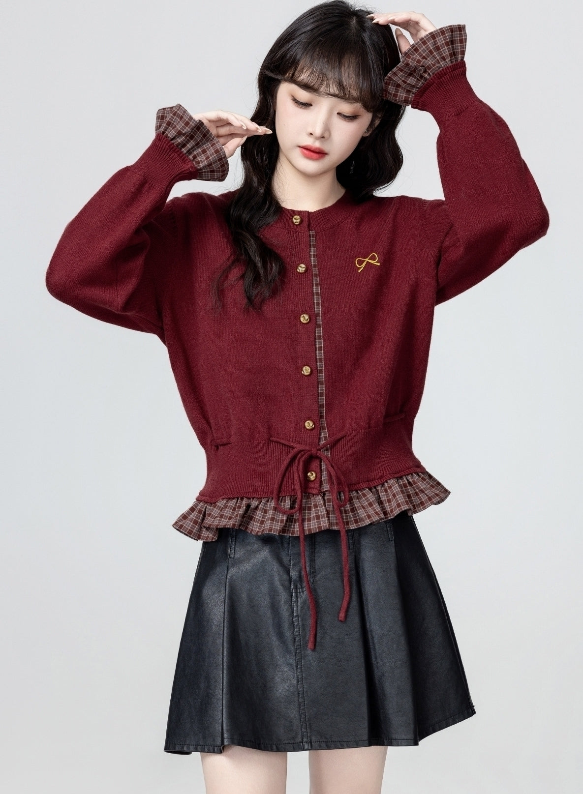 French Style Red Knit Tie Waist Cardigan Sweater