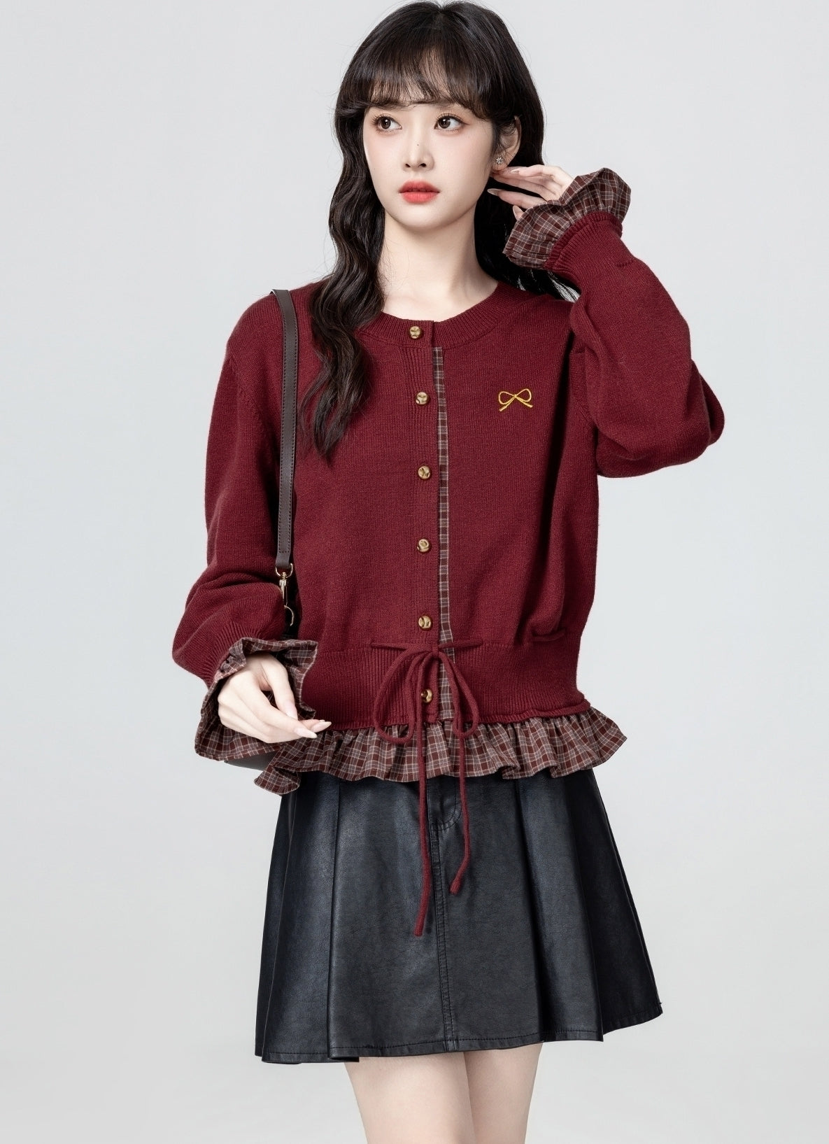 French Style Red Knit Tie Waist Cardigan Sweater