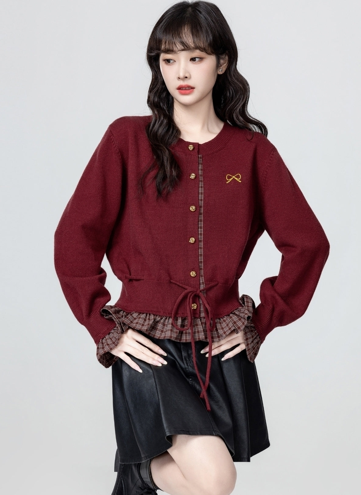French Style Red Knit Tie Waist Cardigan Sweater