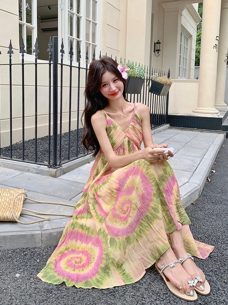 French Style Tie Dye Floral V Neck Maxi Dress