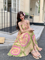 French Style Tie Dye Floral V Neck Maxi Dress