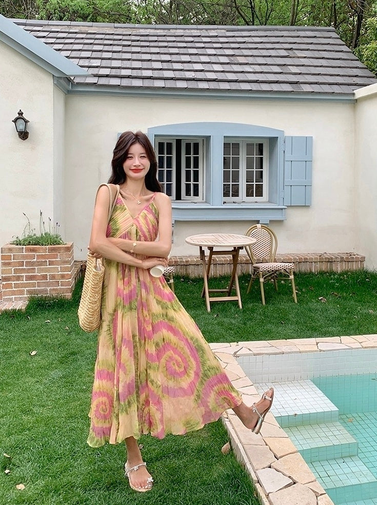 French Style Tie Dye Floral V Neck Maxi Dress