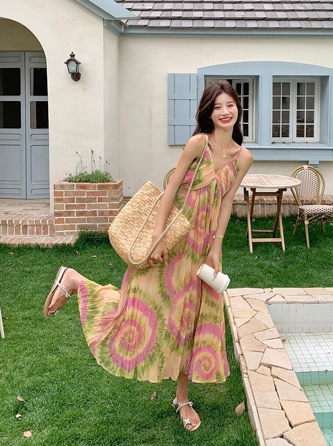 French Style Tie Dye Floral V Neck Maxi Dress