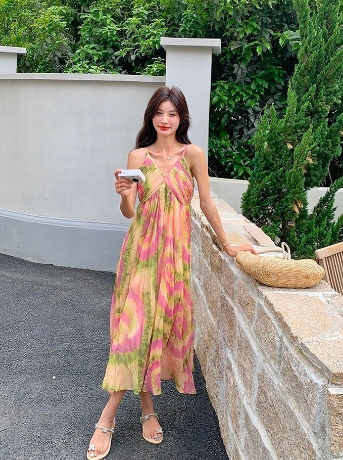 French Style Tie Dye Floral V Neck Maxi Dress