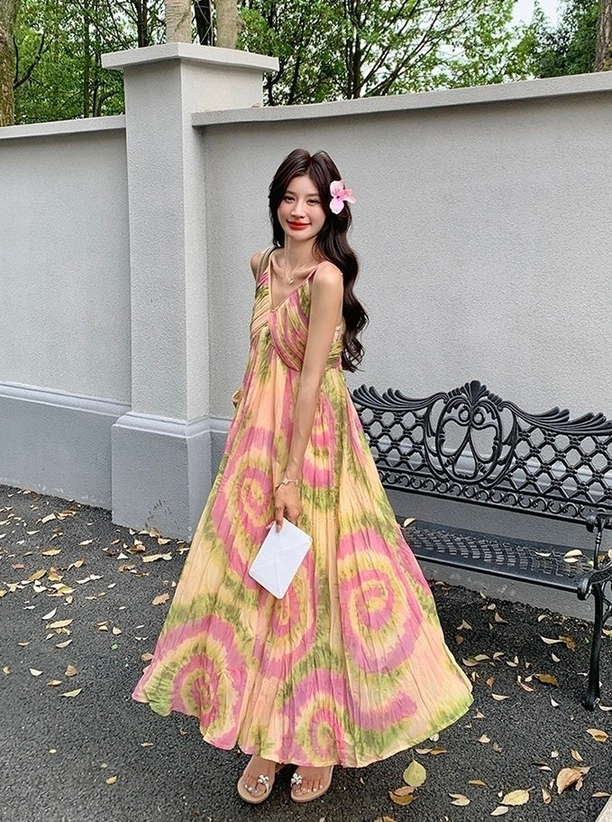 French Style Tie Dye Floral V Neck Maxi Dress
