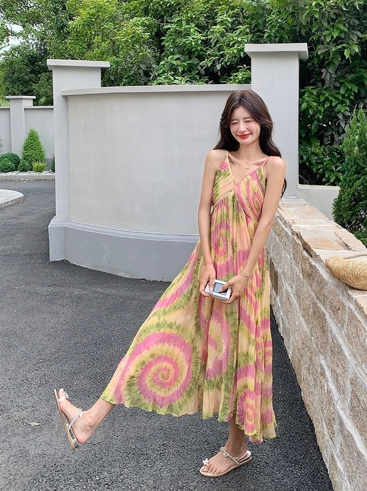 French Style Tie Dye Floral V Neck Maxi Dress