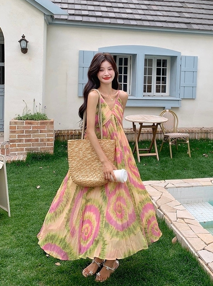French Style Tie Dye Floral V Neck Maxi Dress