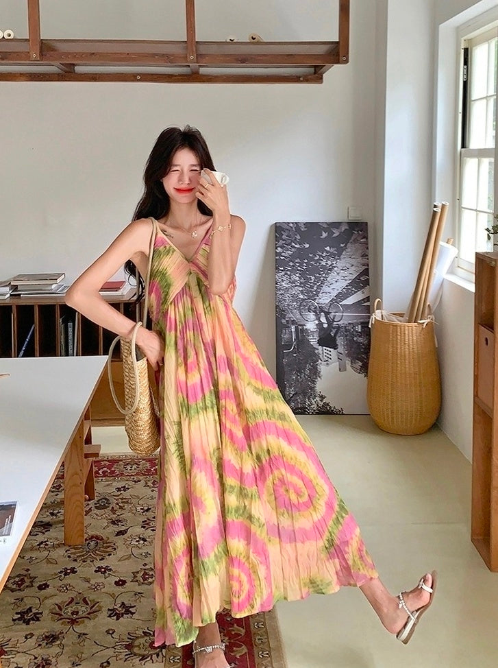 French Style Tie Dye Floral V Neck Maxi Dress